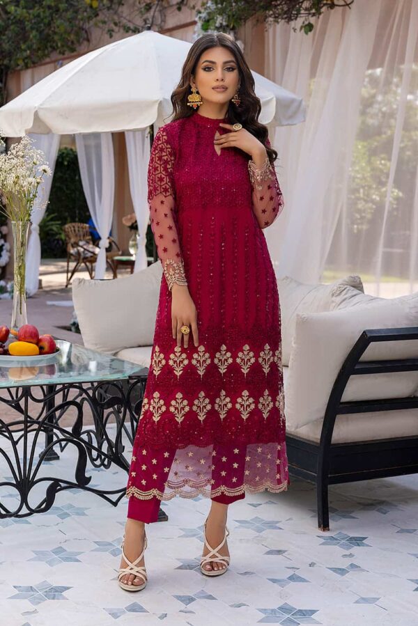 Azure Festive Formal Embroidered Kurti | Flaming Berry (SS-1775)