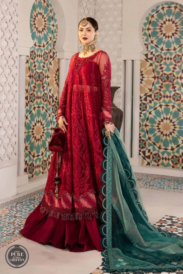 Maria.B. Chiffons Unstitched Eid Collection | MPC-21-102-Cherry red with Shades of Teal