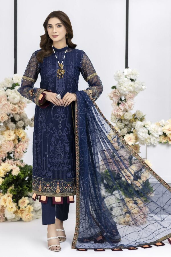 Jasper Suiting Embroidered Luxury Festive Net | 05-Blue Pearl