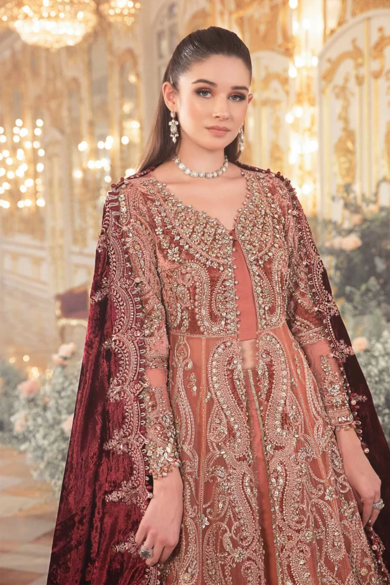 Maria b mbroidered wedding unstitched edition | salmon pink bd-2701 - restocked on demand!