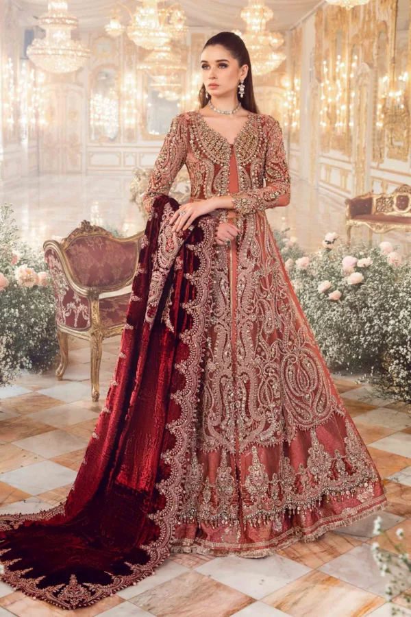 Maria b mbroidered wedding unstitched edition | salmon pink bd-2701 - restocked on demand!