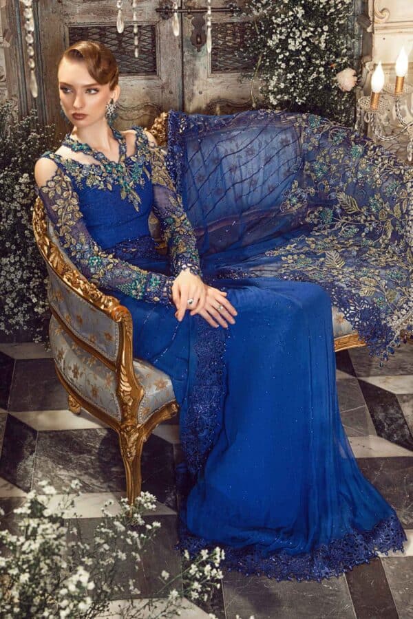 Maria b mbroidered wedding unstitched edition | cobalt blue bd-2704 | blue saree - restocked on demand!