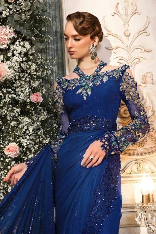 Maria b mbroidered wedding unstitched edition | cobalt blue bd-2704 | blue saree - restocked on demand!