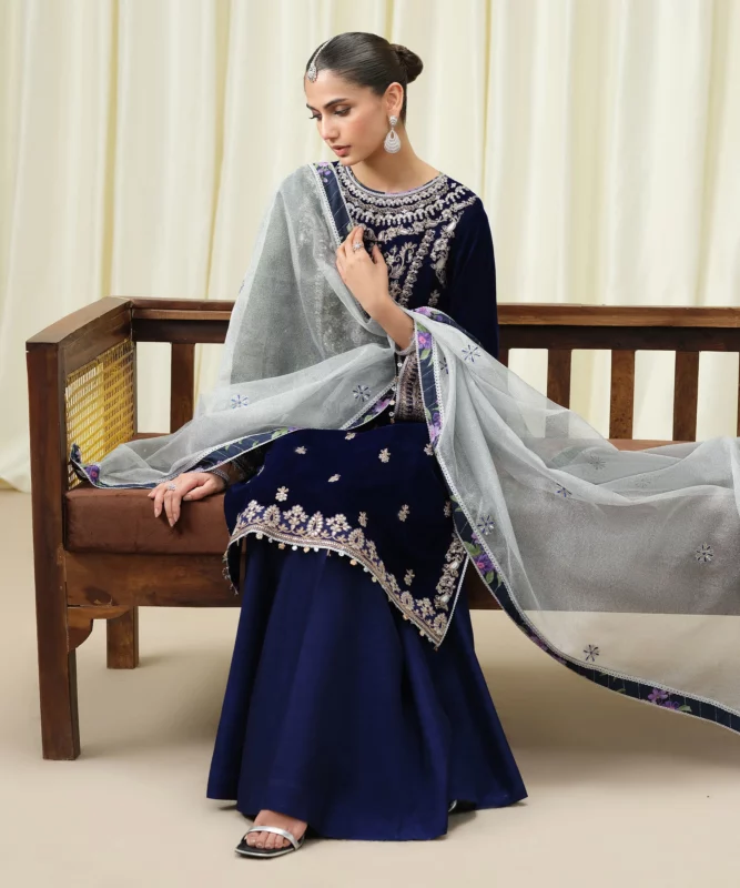 Sapphire Winter ' || Embroidered Velvet Suit || Dark Blue