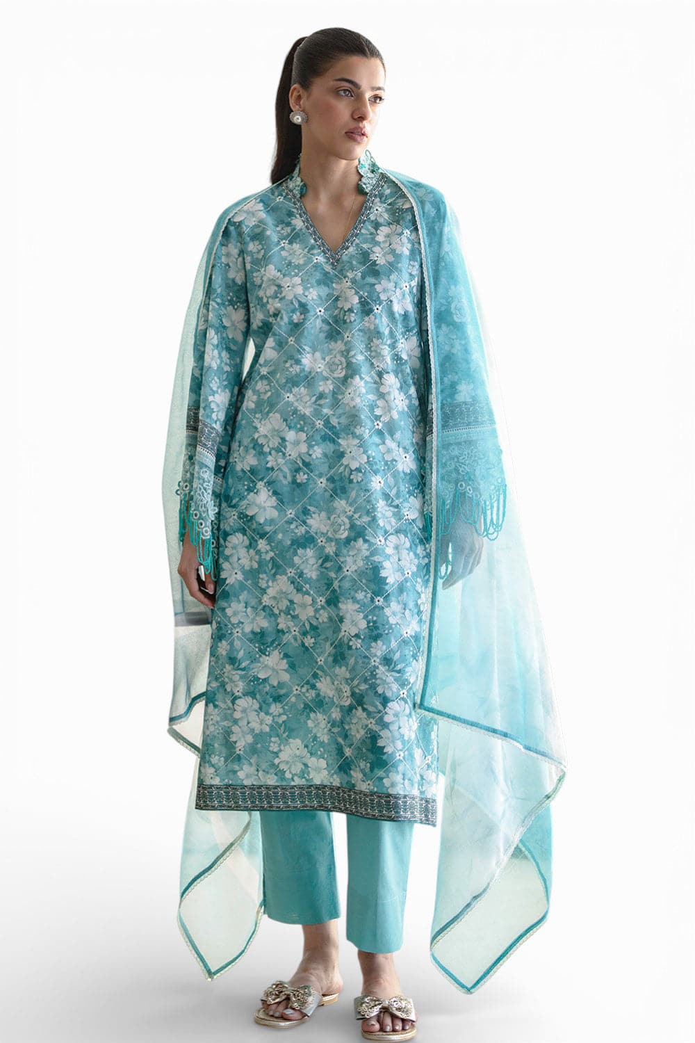 Gul ahmed 3 piece embroidered printed lawn suit with cotton net dupatta and borders Gul Ahmed 3 Piece Embroidered Printed Lawn Suit with Cotton Net Dupatta and Borders