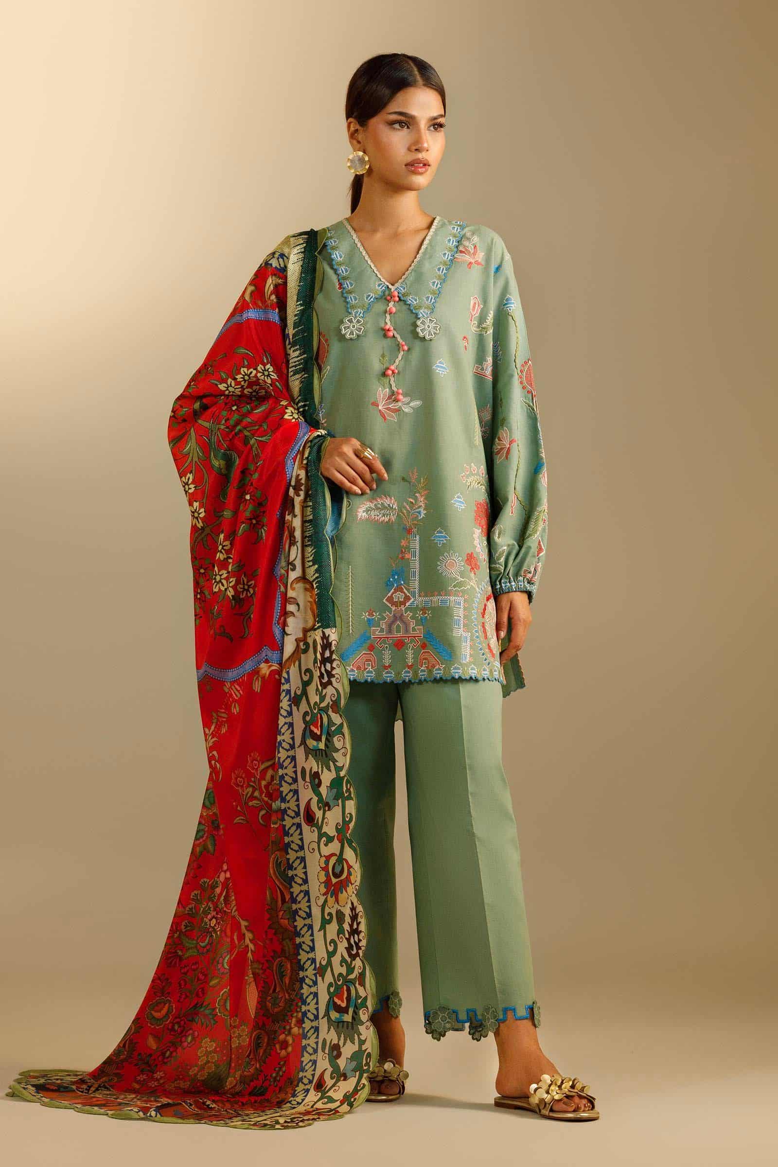Sana safinaz unstitched embroidered 3 piece muzlin suit Sana Safinaz Unstitched Embroidered 3 Piece Muzlin Suit