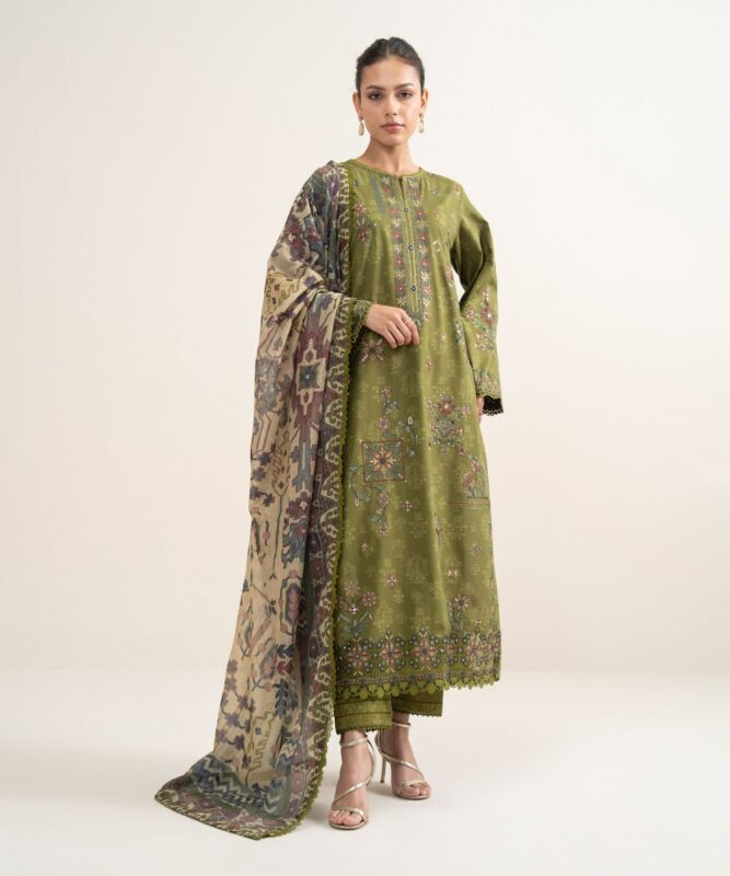 Sapphire Women's Unstitched Lawn Embroidered Olive Green 3 Piece Suit – U3PESUS26V35