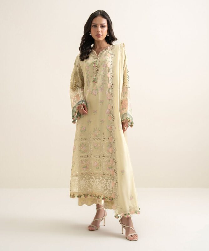 Sapphire Women's Unstitched Slub Lawn Embroidered Beige 3 Piece Suit – U3PESUS26V47