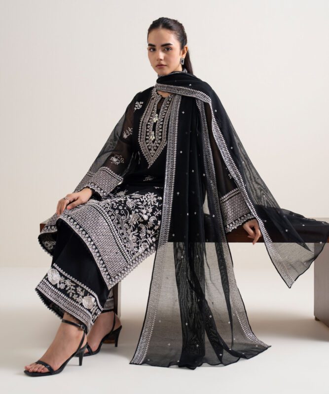 Sapphire Women's Unstitched Khaddi Net Embroidered Black – 3PELXS26V725