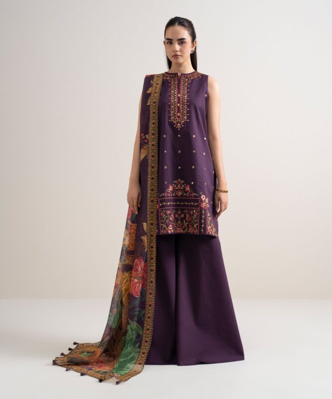 Sapphire Women's Unstitched Fine Cotton Satin Embroidered Purple – 3PESGS26V774