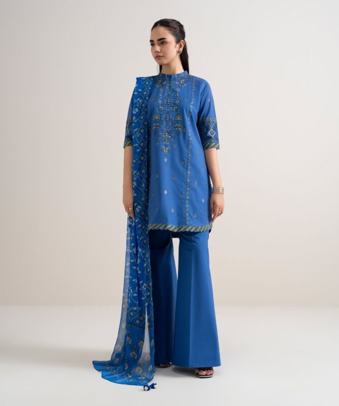 Sapphire Women's Unstitched Fine Cotton Satin Embroidered Blue – 3PESGS26V778