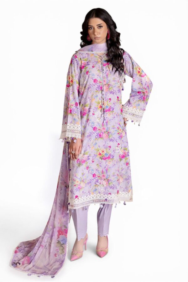 Gul Ahmed 3 Piece Embroidered Printed Lawn Suit with Printed Chiffon Dupatta and Lace–