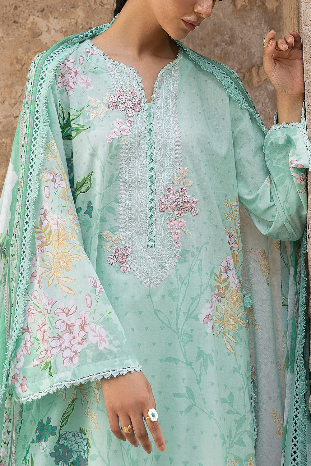Gul ahmed 3 piece printed lawn suit with printed chiffon dupatta and embroidered neckline - pakistani suit - image 5 Gul Ahmed 3 Piece Printed Lawn Suit with Printed Chiffon Dupatta and Embroidered Neckline - Image 2