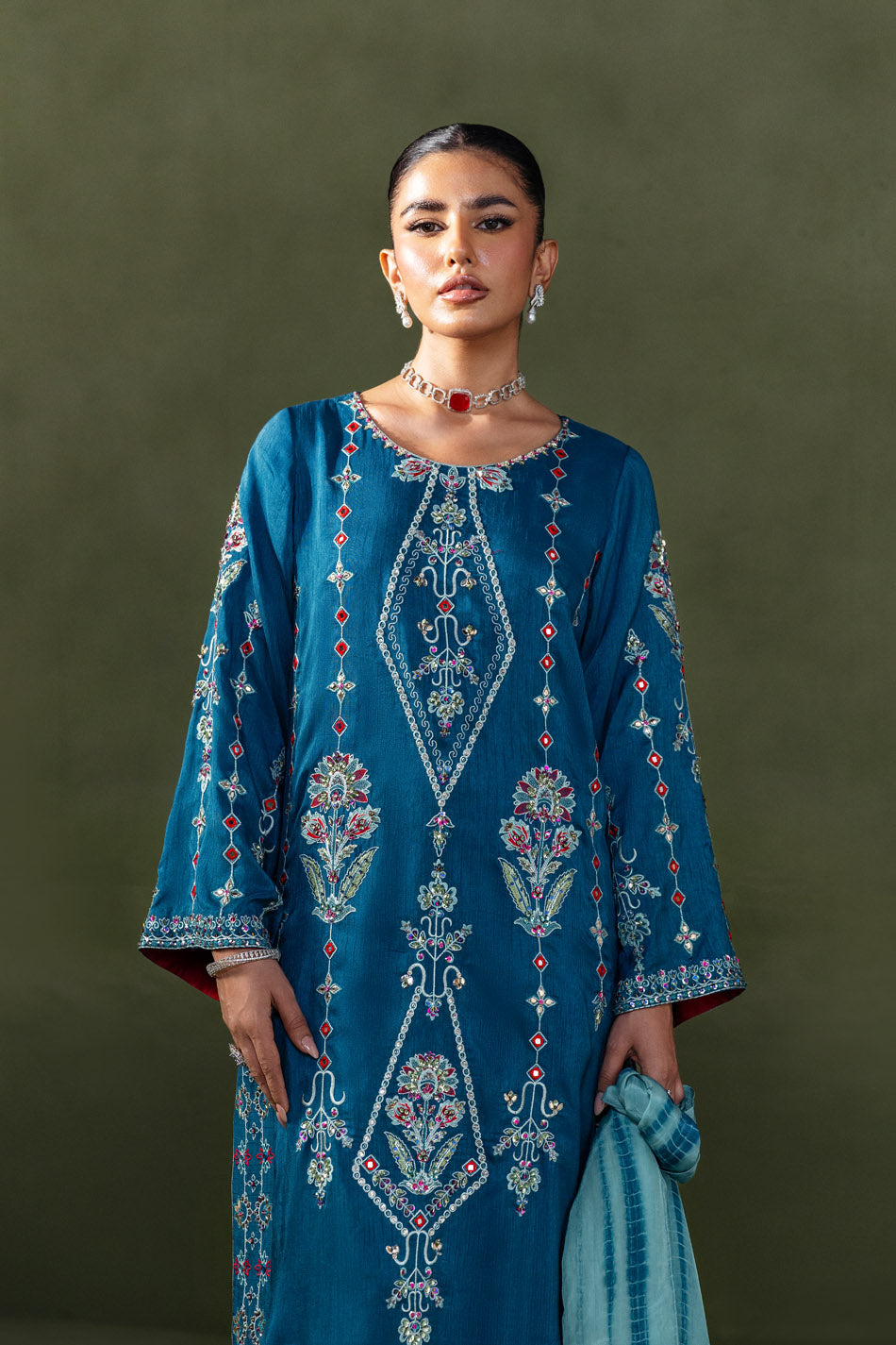 Ak kaftans ammara khan | classic teal blue kaftan (d-02)– detail view 2 AK Kaftans Ammara Khan | Classic Teal Blue Kaftan (D-02)– detail view 2