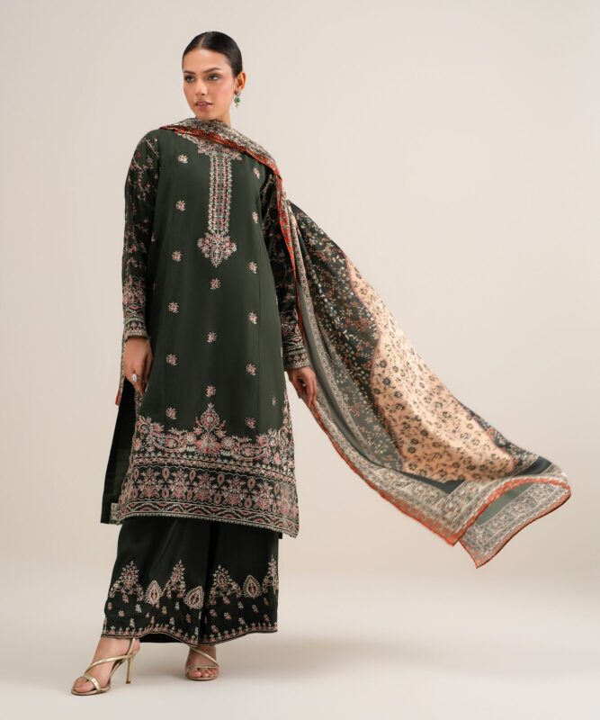 Sapphire Women's Unstitched Embroidered Blended Raw Silk Green 3 Piece Suit – 3PELXS26V734