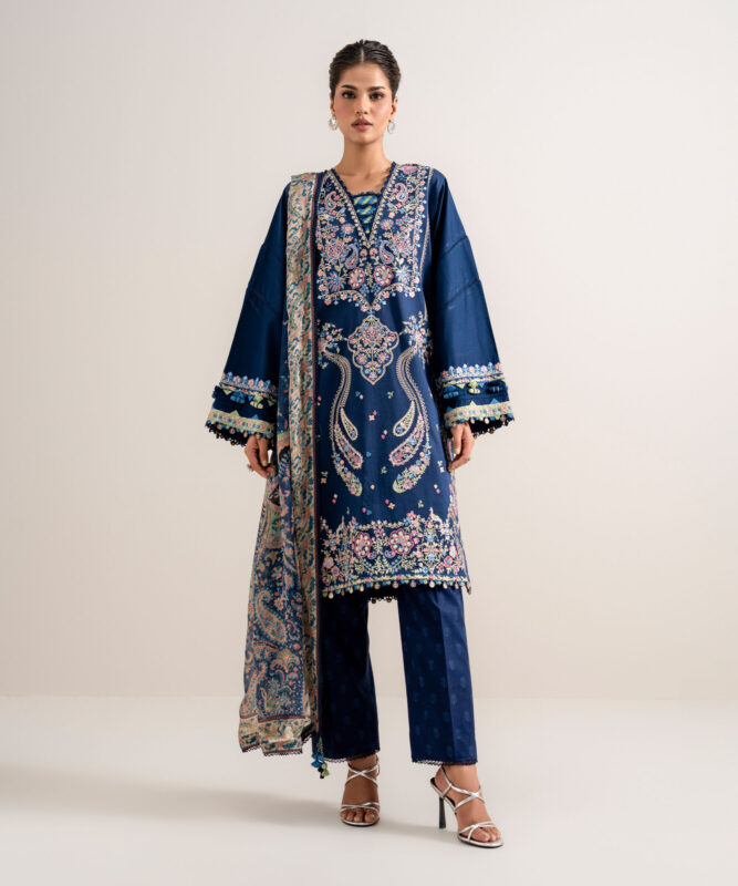 Sapphire Women's Unstitched Embroidered Fine Cotton Satin Blue 3 Piece Suit – 3PELXS26V828