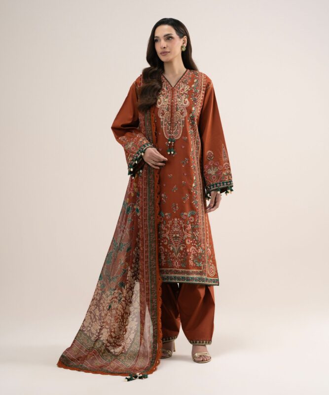 Sapphire Women's Unstitched Embroidered Fine Cotton Satin Rust 3 Piece Suit – 3PELXS26V831