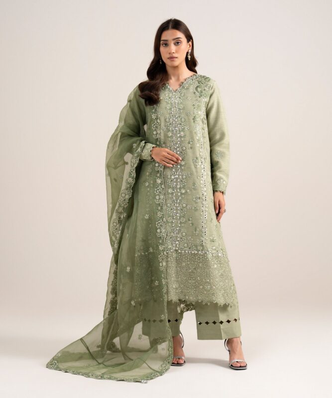 Sapphire Women's Unstitched Embroidered Viscose Raw Silk Green 3 Piece Suit – 3PELXS26V846