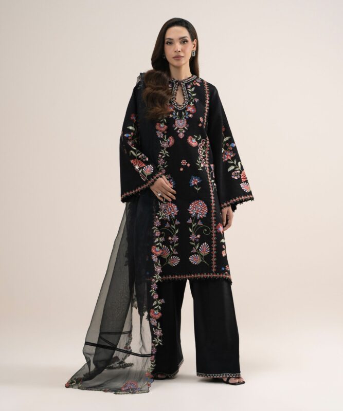 Sapphire Women's Unstitched Embroidered Viscose Raw Silk Black 3 Piece Suit – 3PELXS26V850