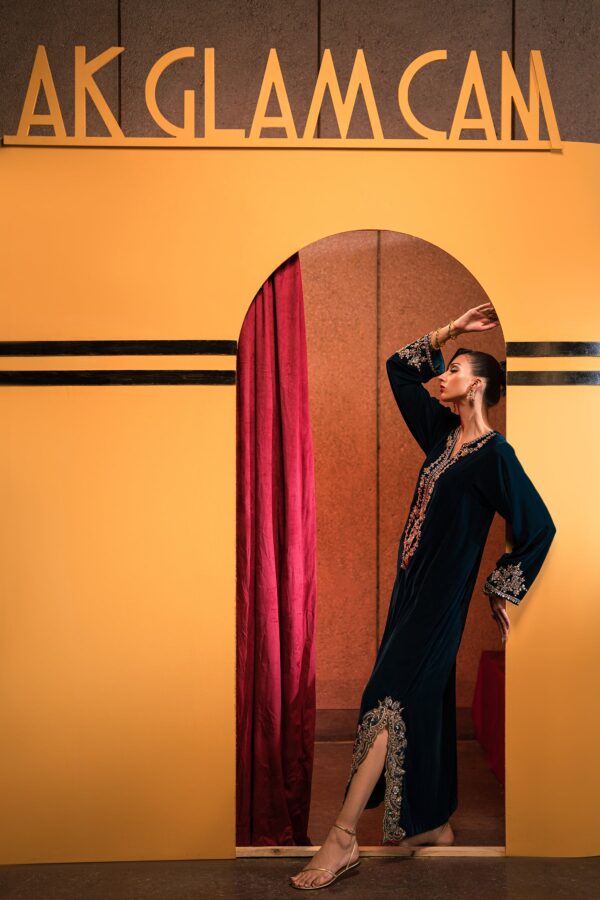 AK Kaftans Ammara Khan | Statement Teal Velvet Kaftan (D-06)– D-06