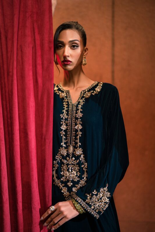 AK Kaftans Ammara Khan | Statement Teal Velvet Kaftan (D-06)