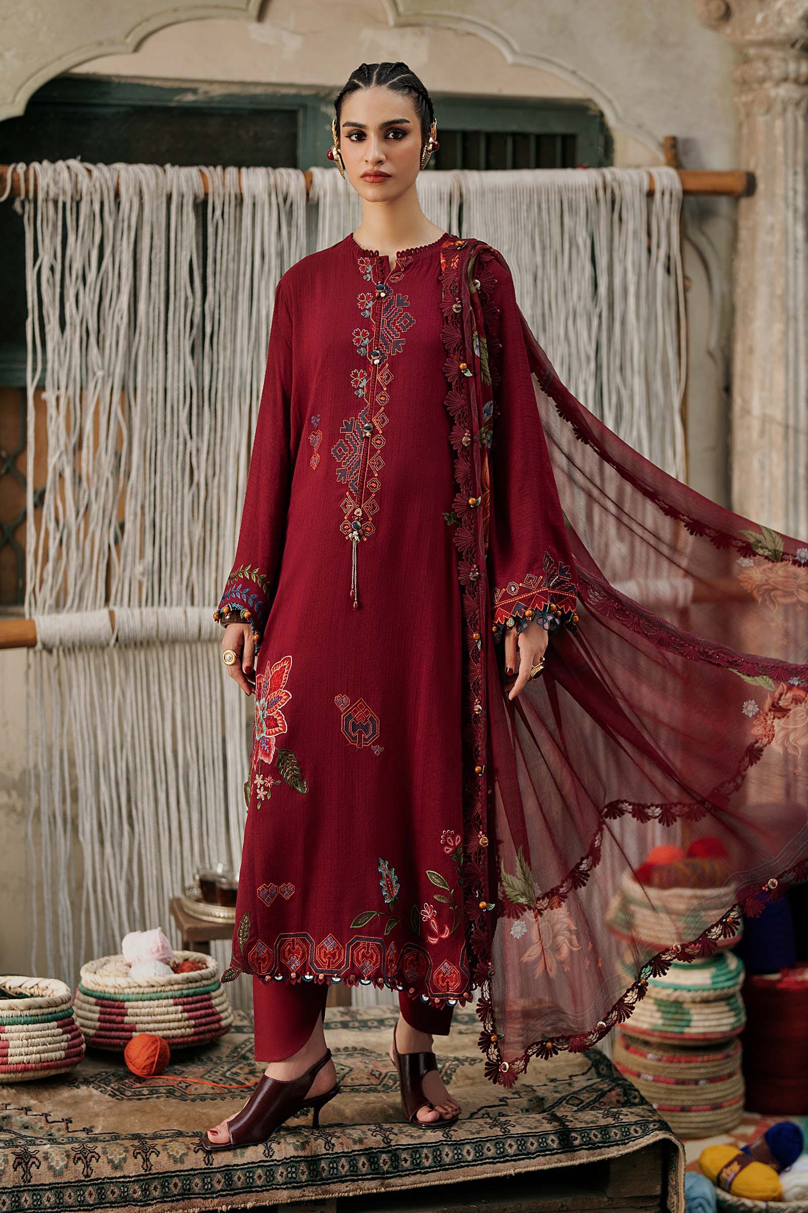 M prints maria b | embroidered dobby linen suit - maroon (mpt-3110-a)– d-10a-b M Prints Maria B | Embroidered Dobby Linen Suit - Maroon (MPT-3110-A)– D-10A-B