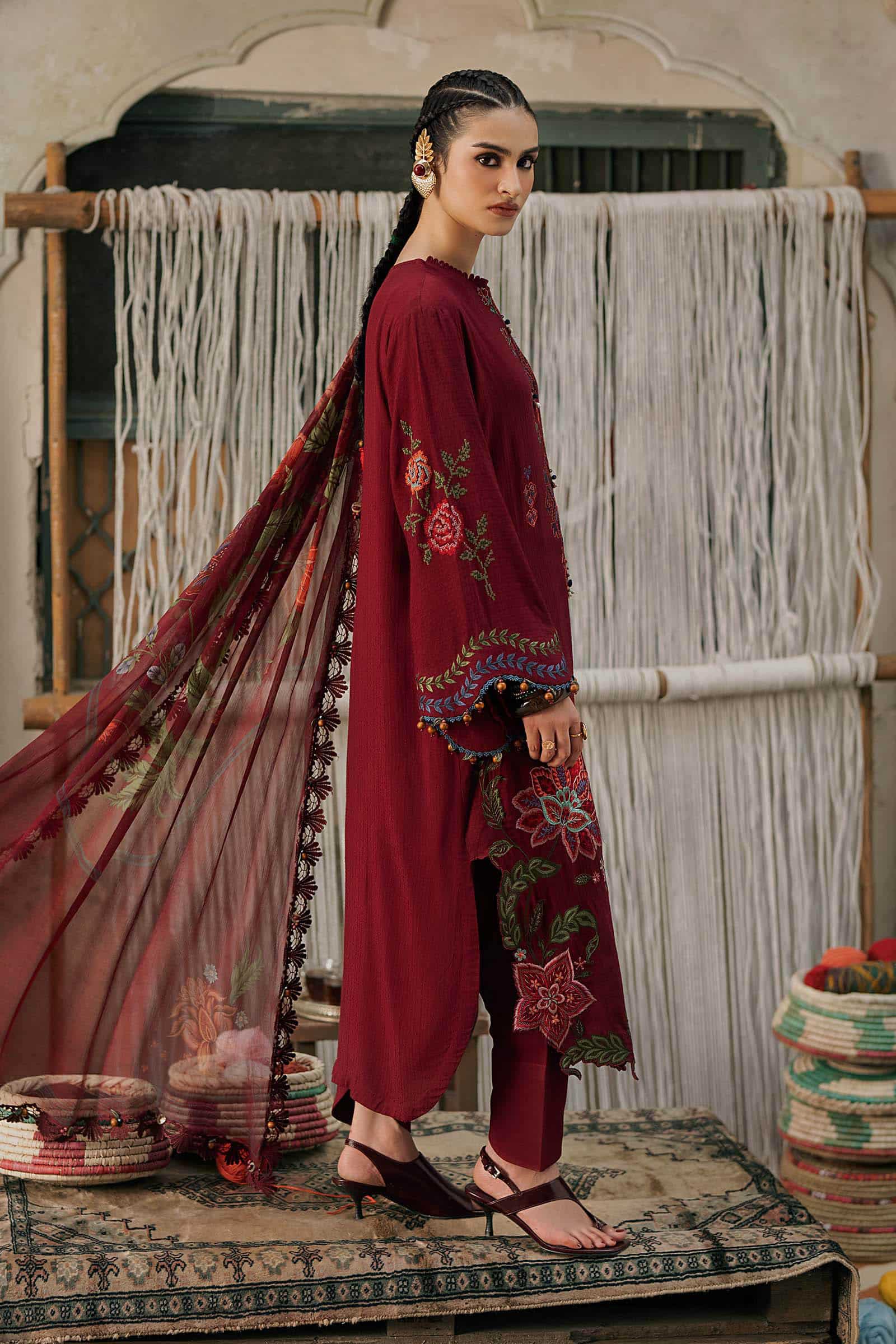 M prints maria b | embroidered dobby linen suit - maroon (mpt-3110-a)– d-10a-c M Prints Maria B | Embroidered Dobby Linen Suit - Maroon (MPT-3110-A)– D-10A-C
