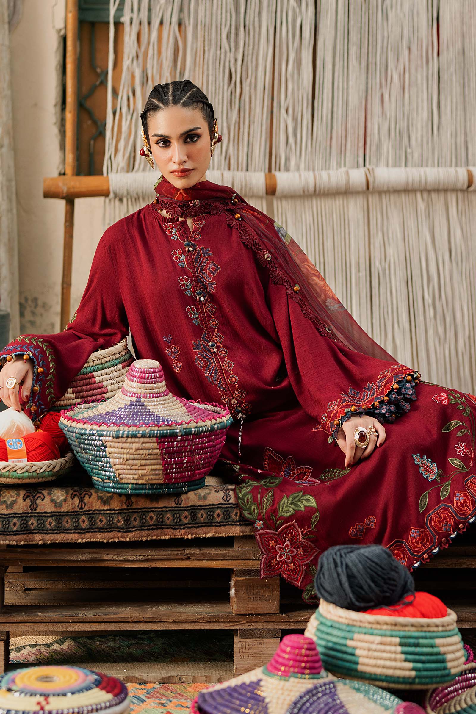 M prints maria b | embroidered dobby linen suit - maroon (mpt-3110-a)– d-10a-d M Prints Maria B | Embroidered Dobby Linen Suit - Maroon (MPT-3110-A)– D-10A-D
