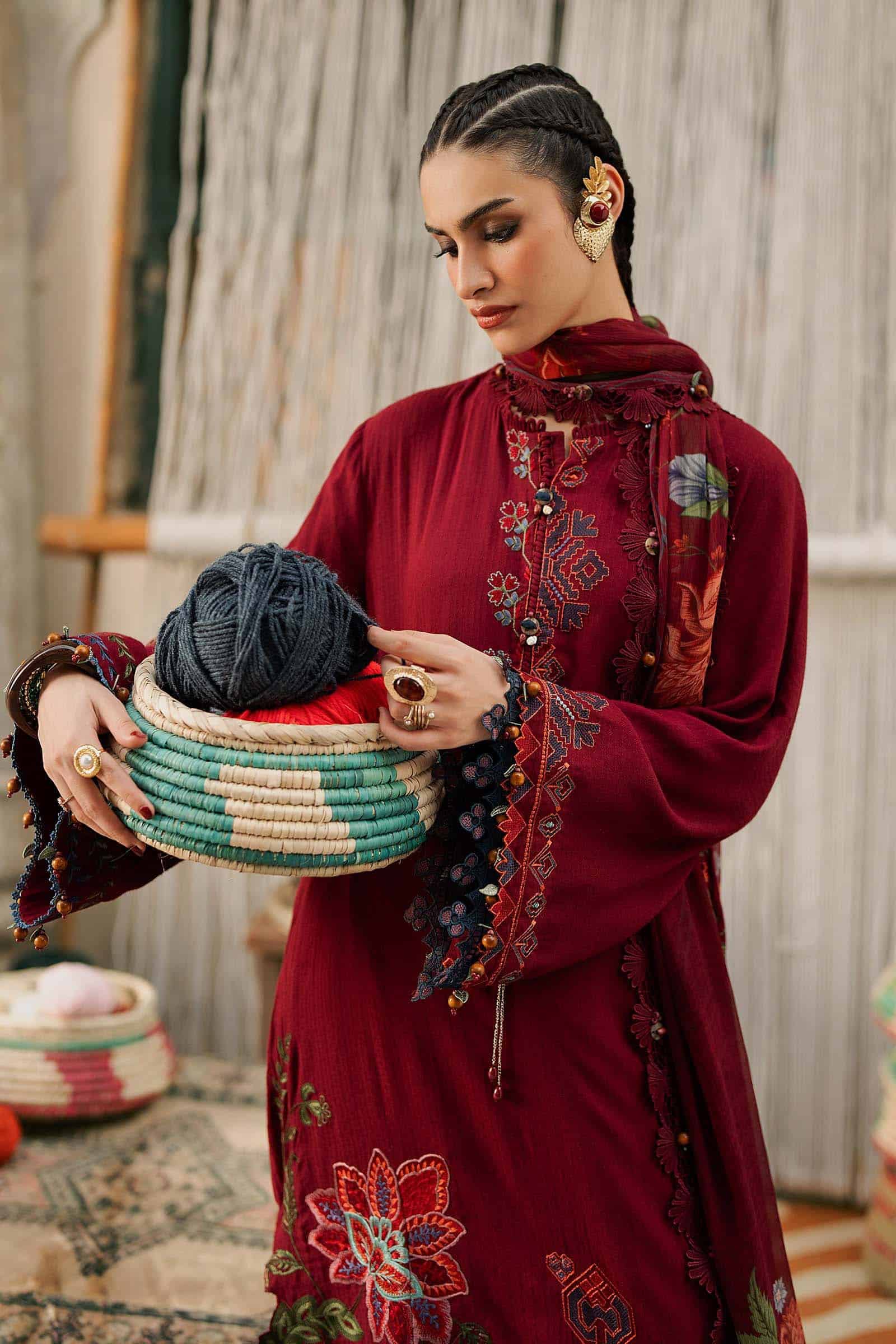 M prints maria b | embroidered dobby linen suit - maroon (mpt-3110-a)– d-10a-e M Prints Maria B | Embroidered Dobby Linen Suit - Maroon (MPT-3110-A)– D-10A-E