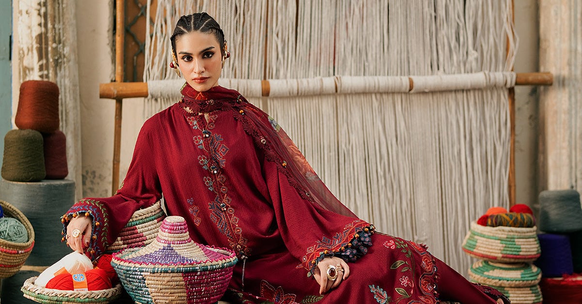 M prints maria b | embroidered dobby linen suit - maroon (mpt-3110-a)– d-10a-f M Prints Maria B | Embroidered Dobby Linen Suit - Maroon (MPT-3110-A)– D-10A-F