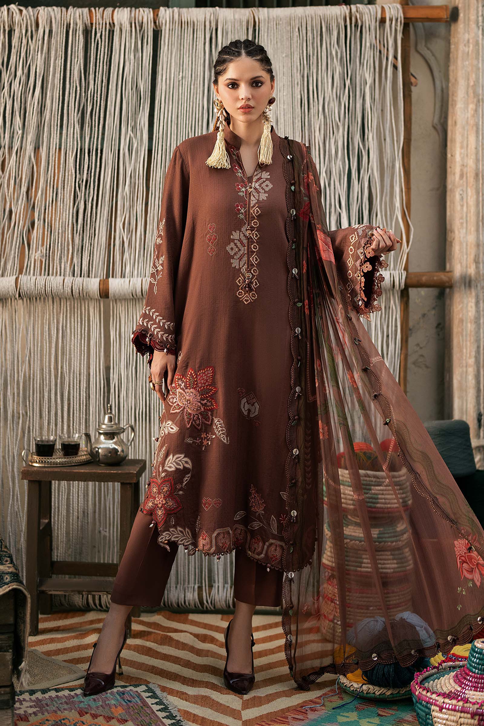 M prints maria b | embroidered dobby linen suit - light brown (mpt-3110-b) M Prints Maria B | Embroidered Dobby Linen Suit - Light Brown (MPT-3110-B)