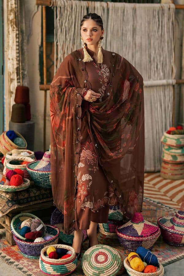 M Prints Maria B | Embroidered Dobby Linen Suit - Light Brown (MPT-3110-B)– D-10B-B