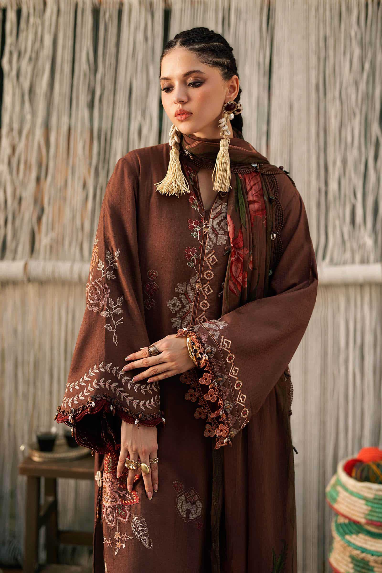 M prints maria b | embroidered dobby linen suit - light brown (mpt-3110-b)– d-10b-c M Prints Maria B | Embroidered Dobby Linen Suit - Light Brown (MPT-3110-B)– D-10B-C