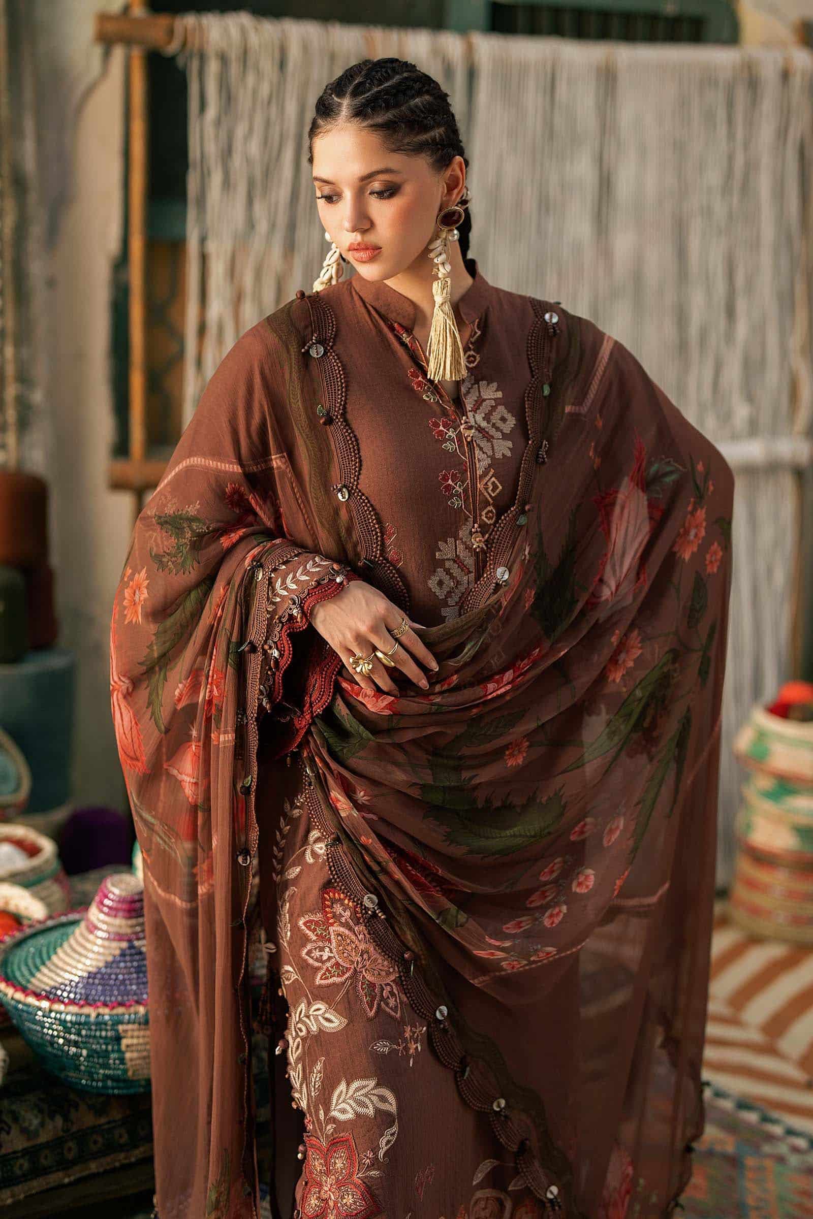 M prints maria b | embroidered dobby linen suit - light brown (mpt-3110-b)– d-10b-e M Prints Maria B | Embroidered Dobby Linen Suit - Light Brown (MPT-3110-B)– D-10B-E