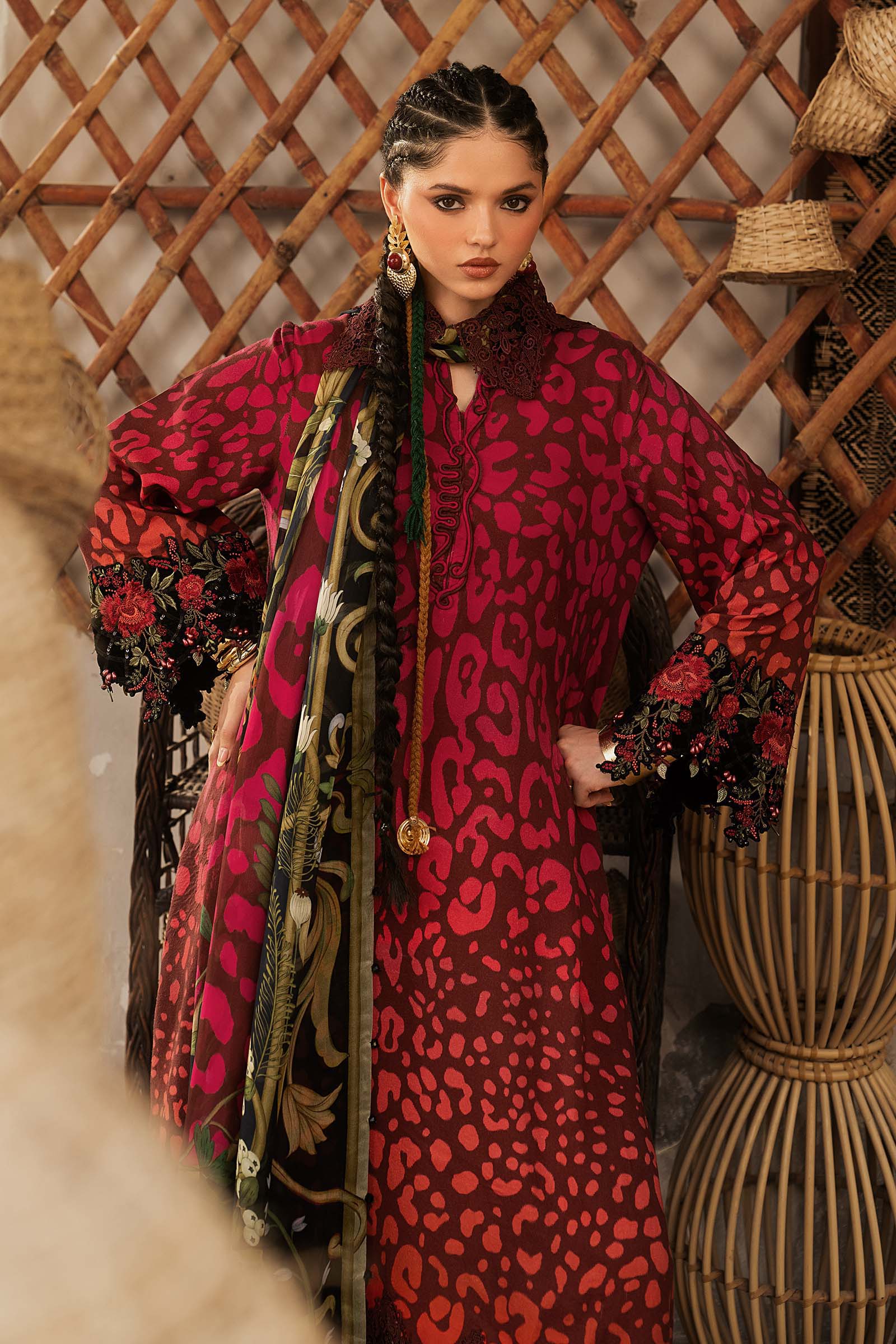 M prints maria b | embroidered linen suit - maroon (mpt-3101-a) M Prints Maria B | Embroidered Linen Suit - Maroon (MPT-3101-A)