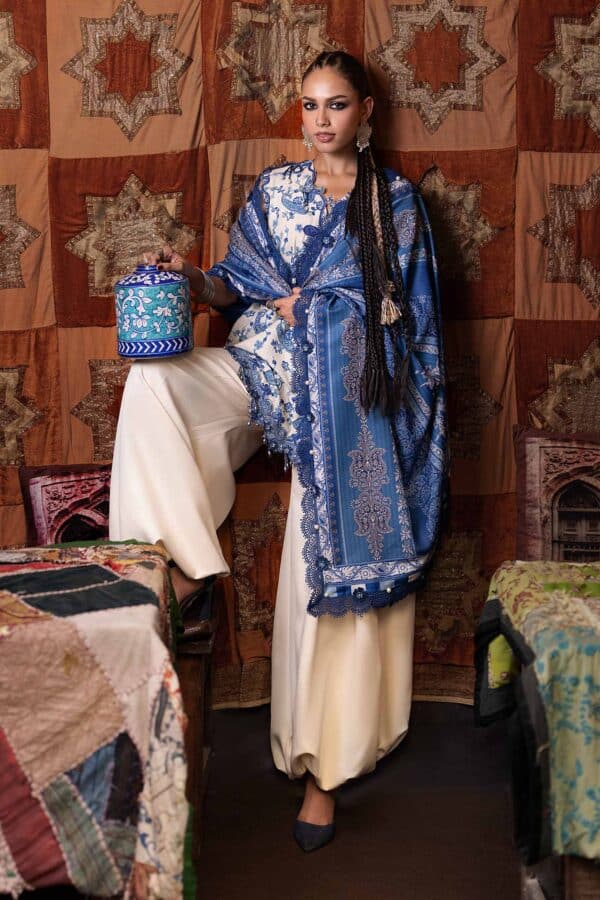 M Prints Maria B | Embroidered Irish Linen Suit - White & Blue (MPT-3108-A)