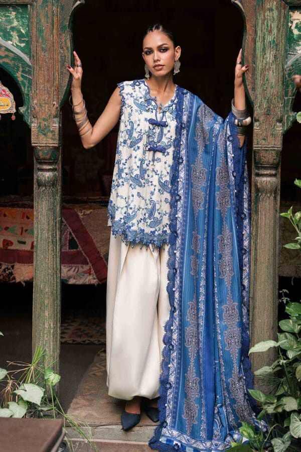 M Prints Maria B | Embroidered Irish Linen Suit - White & Blue (MPT-3108-A)– D-8A-B