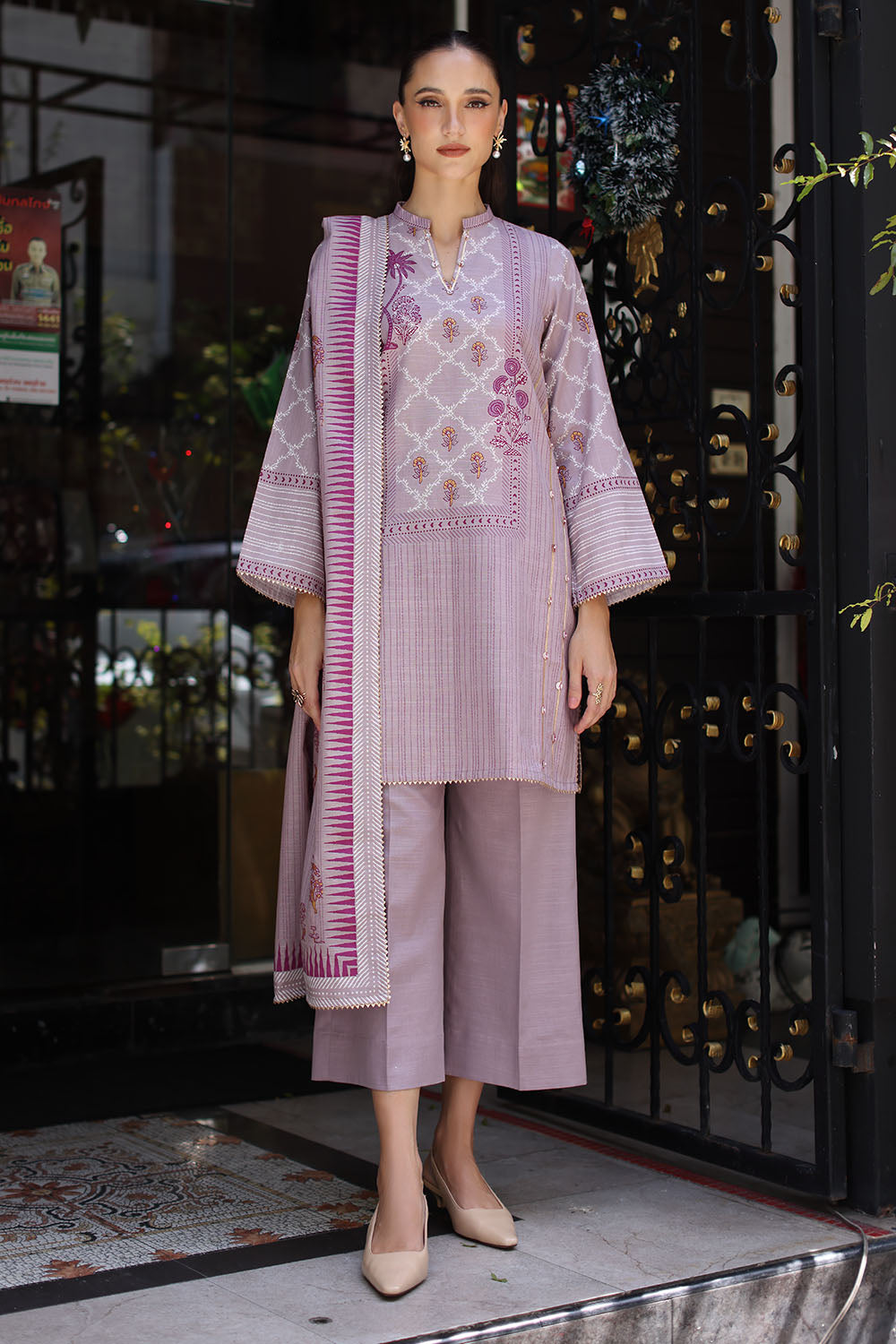 Printed-khaddar-dupatta-printed-khaddar-shirt-dyed-trouser-gulahmed-k-52057-front Gul Ahmed Winter 2026 3 Piece Gold Printed Khaddar Suit with Gold Printed Khaddar Dupatta