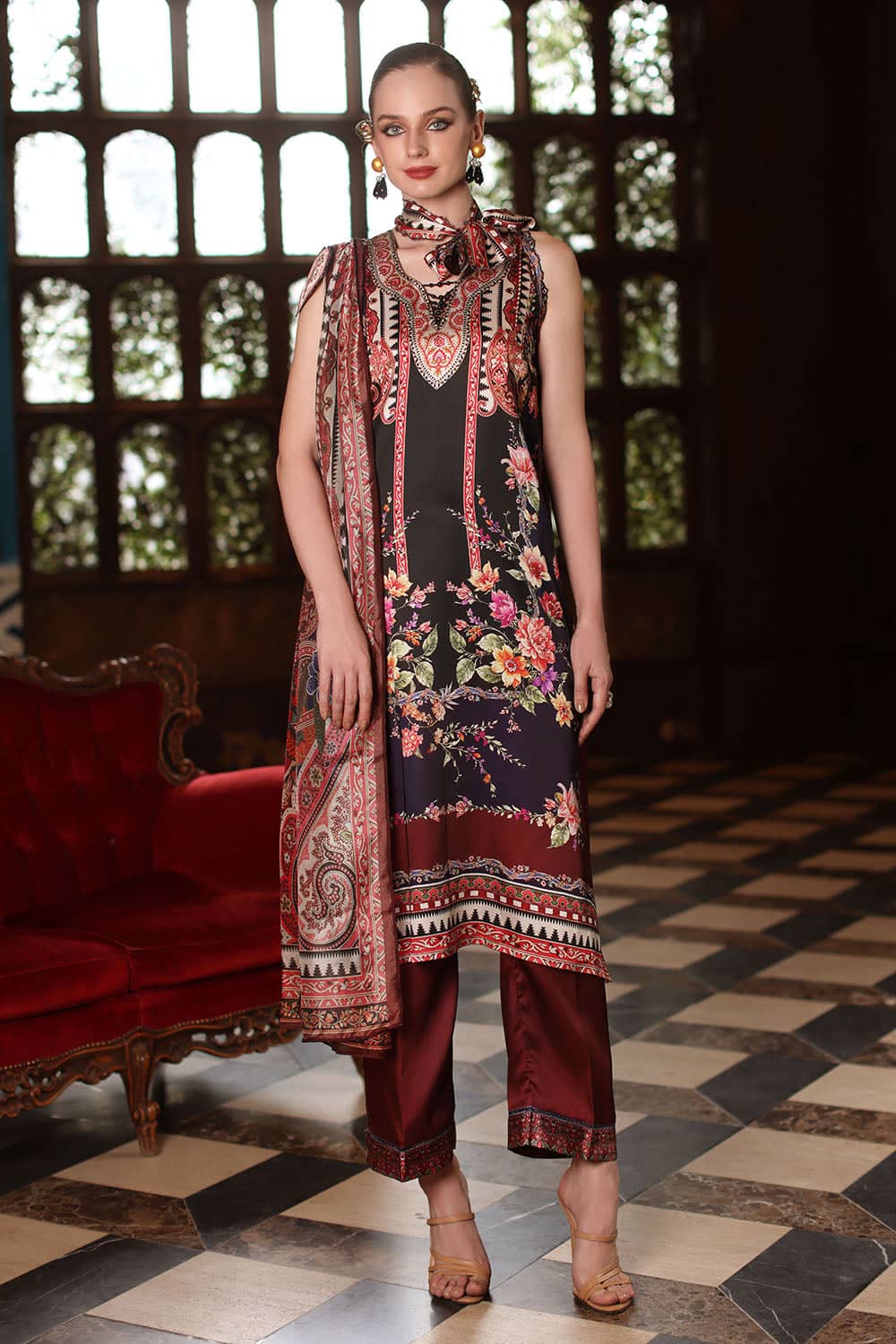 Printed-tissue-silk-dupatta-printed-charmeuse-silk-shirt-_-trouser-gulahmed-s-62025-front Gul Ahmed Winter 2026 - 3 Piece Printed Charmeuse Silk Suit with Printed Tissue Silk Dupatta