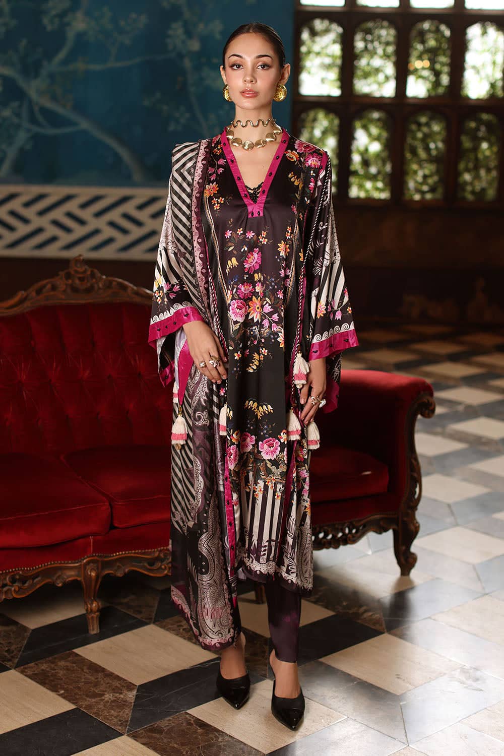 Printed-tissue-silk-dupatta-printed-charmeuse-silk-shirt-_-trouser-gulahmed-s-62027-front Gul Ahmed Winter 2026 - 3 Piece Printed Charmeuse Silk Suit with Printed Tissue Silk Dupatta
