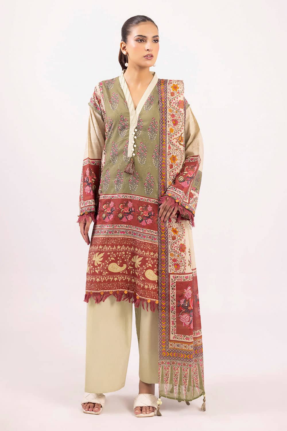 Printed-zari-stripe-dupatta-printed-self-jacquard-shirt-dyed-trouser-gulahmed-sp-52088-front-white Gul Ahmed Winter 2026 - 3 Piece Printed Zari Stripe Self Jacquard Suit with Dupatta