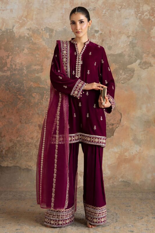 Wedding Festive Cross Stitch | PLUM ATELIER-3PC VELVET EMBROIDERED SUIT