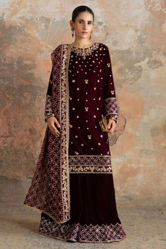 Wedding Festive Cross Stitch | CRIMSON FLARE-3PC VELVET EMBROIDERED SUIT