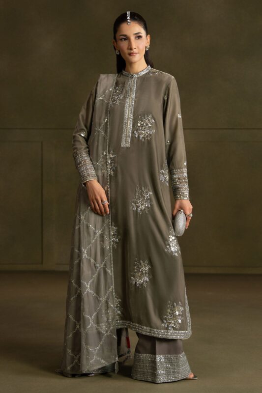 Wedding Festive Cross Stitch | GRAY HUES-3PC VELVET EMBROIDERED SUIT