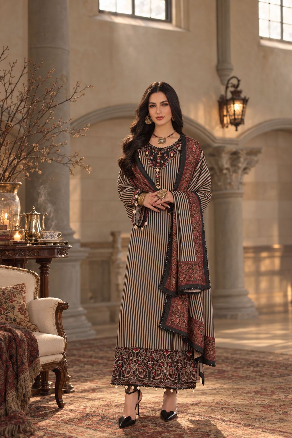 Noor by saadia asad winter embroidered printskhas 26 d9 b - classic camel pinstripes– alternate view Noor by Saadia Asad Winter Embroidered Printskhas 26 D9 B - Classic Camel Pinstripes– alternate view