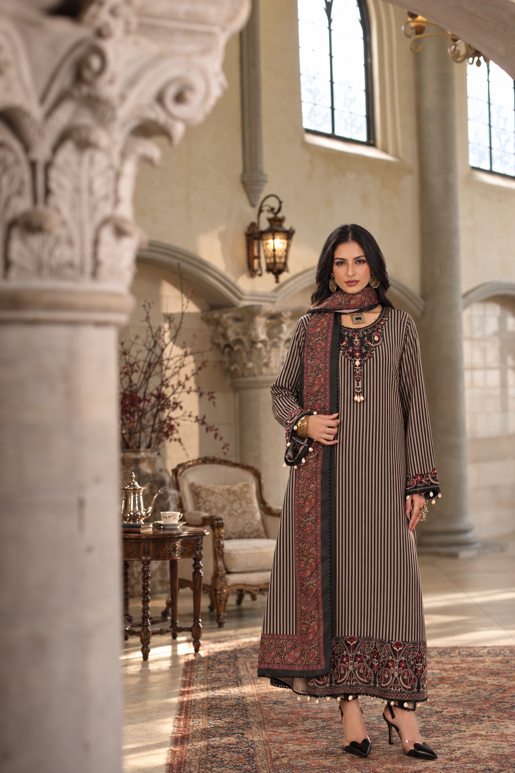 Noor by saadia asad winter embroidered printskhas 26 d9 b - classic camel pinstripes Noor by Saadia Asad Winter Embroidered Printskhas 26 D9 B - Classic Camel Pinstripes