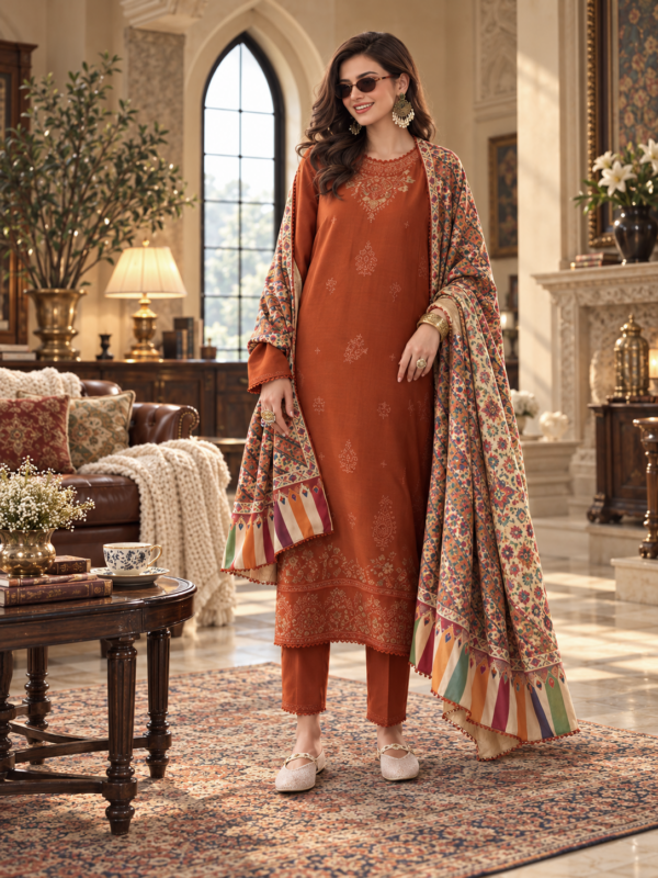 Noor by saadia asad winter embroidered printskhas 26 d10 b - burnt terracotta– detail view 2 Noor by Saadia Asad Winter Embroidered Printskhas 26 D10 B - Burnt Terracotta– detail view 2
