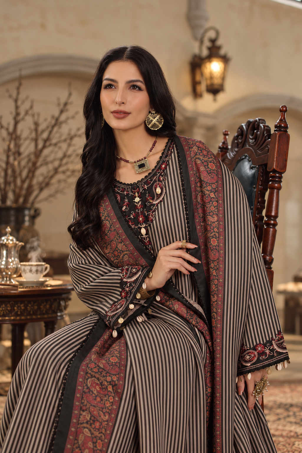 Noor by saadia asad winter embroidered printskhas 26 d9 b - classic camel pinstripes– detail view 2 Noor by Saadia Asad Winter Embroidered Printskhas 26 D9 B - Classic Camel Pinstripes– detail view 2