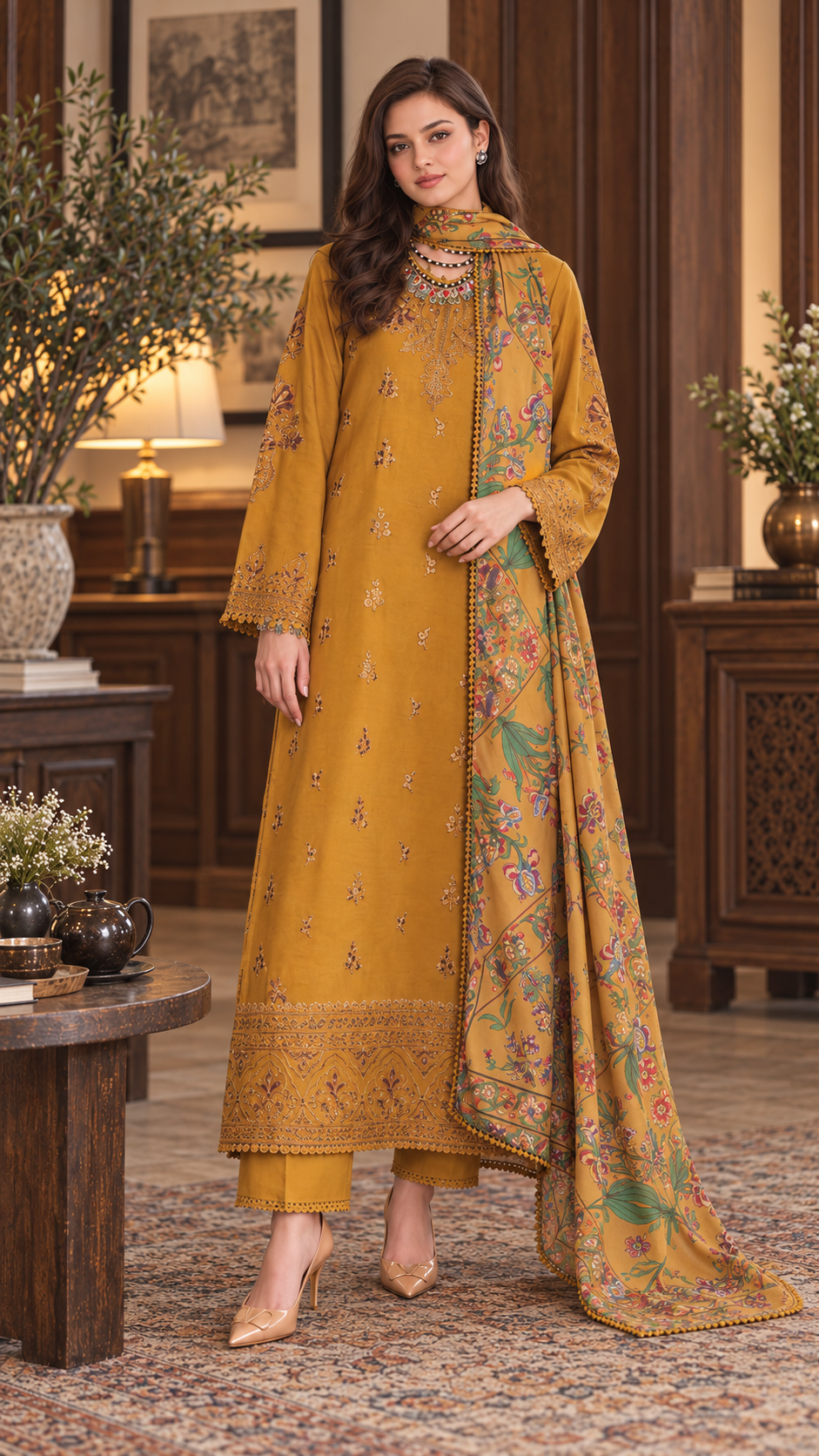 Noor by saadia asad winter embroidered printskhas 26 d4 b - mustard ochre Noor by Saadia Asad Winter Embroidered Printskhas 26 D4 B - Mustard Ochre