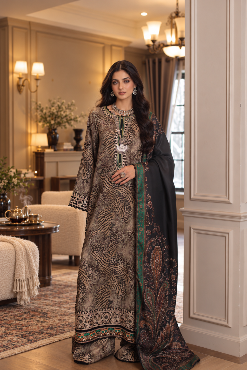 Noor by saadia asad winter embroidered printskhas 26 d1 a - emerald leopard– detail view 7 Noor by Saadia Asad Winter Embroidered Printskhas 26 D1 A - Emerald leopard– detail view 7